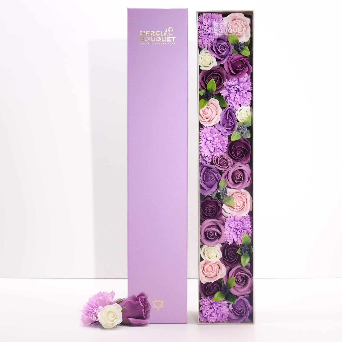 Extra Long Lavender Roses & Carnation Soap Flowers Gift Box