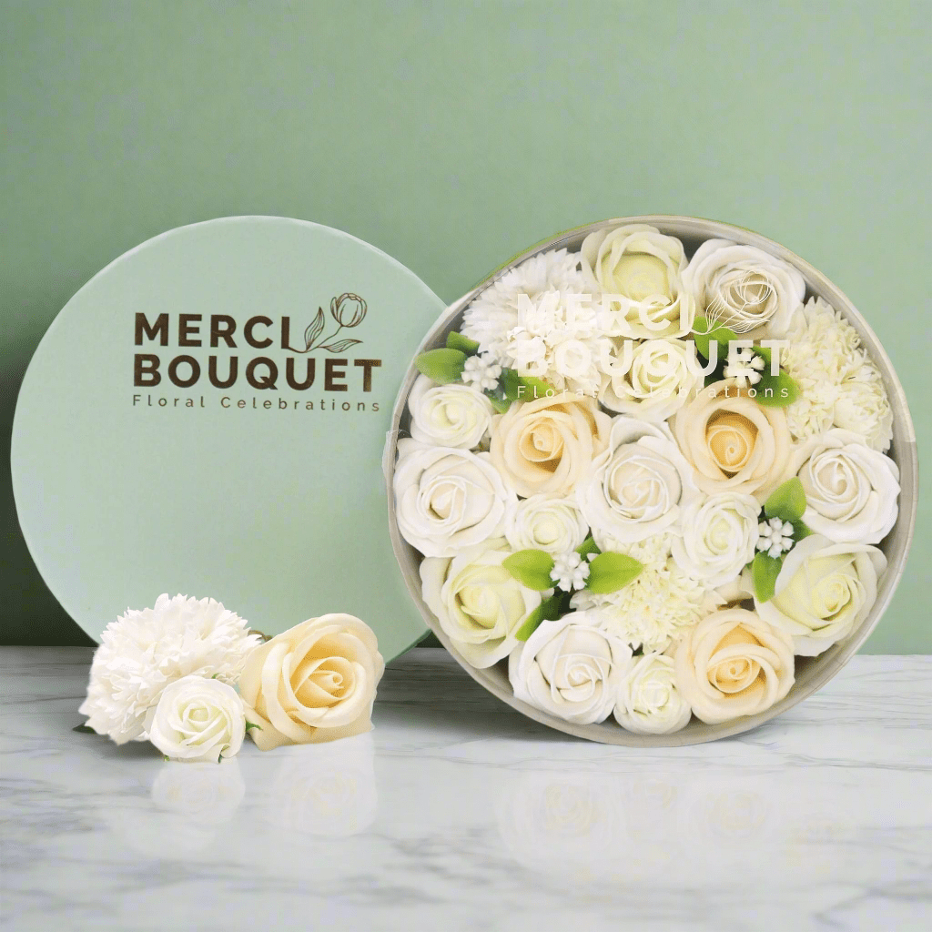 White and Ivory Roses & Carnation Soap Flowers Gift Box - Coal Harbour