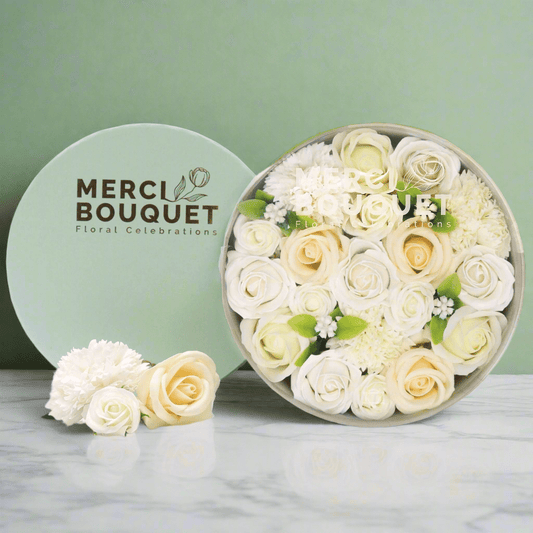 White and Ivory Roses & Carnation Soap Flowers Gift Box - Coal Harbour