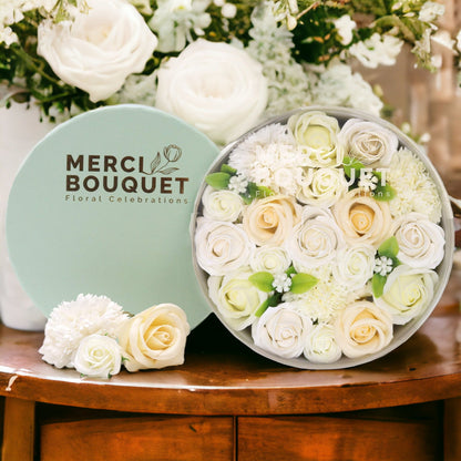 White and Ivory Roses & Carnation Soap Flowers Gift Box - Coal Harbour