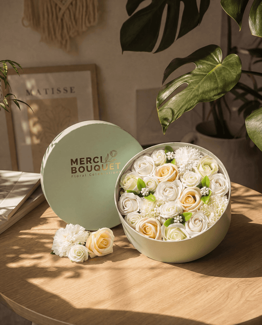 White and Ivory Roses & Carnation Soap Flowers Gift Box - Coal Harbour