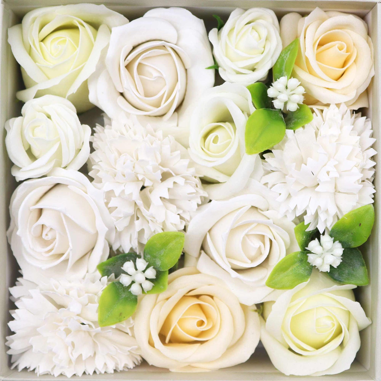 White and Ivory Roses & Carnation Soap Flowers Square Gift Box - Coal Harbour