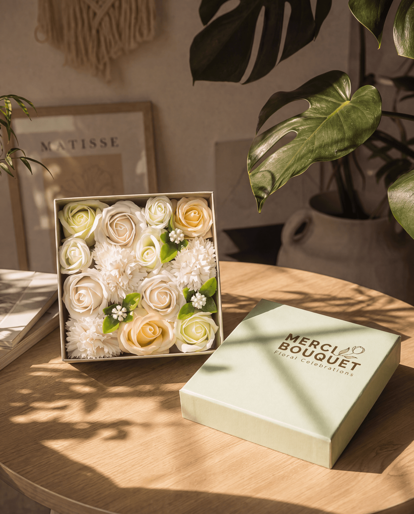 White and Ivory Roses & Carnation Soap Flowers Square Gift Box - Coal Harbour