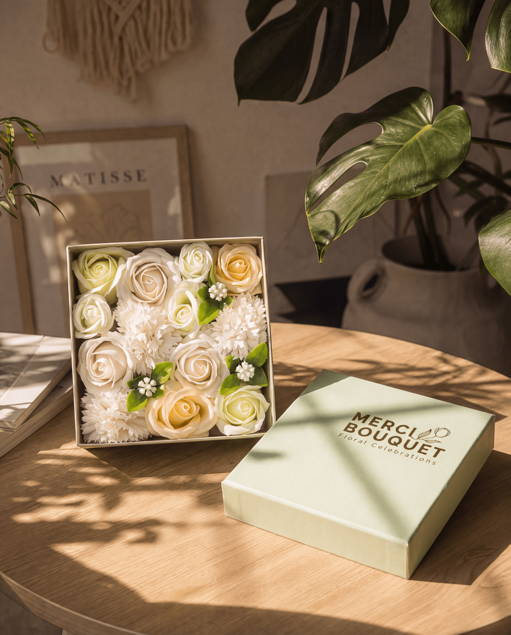 White and Ivory Roses & Carnation Soap Flowers Square Gift Box - Coal Harbour