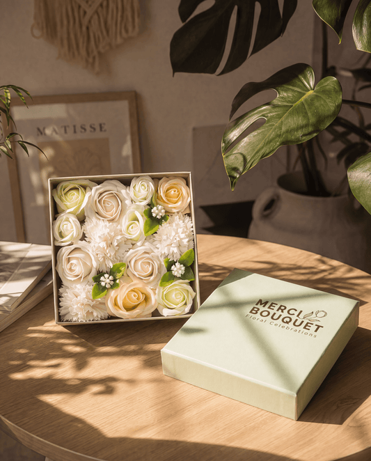 White and Ivory Roses & Carnation Soap Flowers Square Gift Box - Coal Harbour