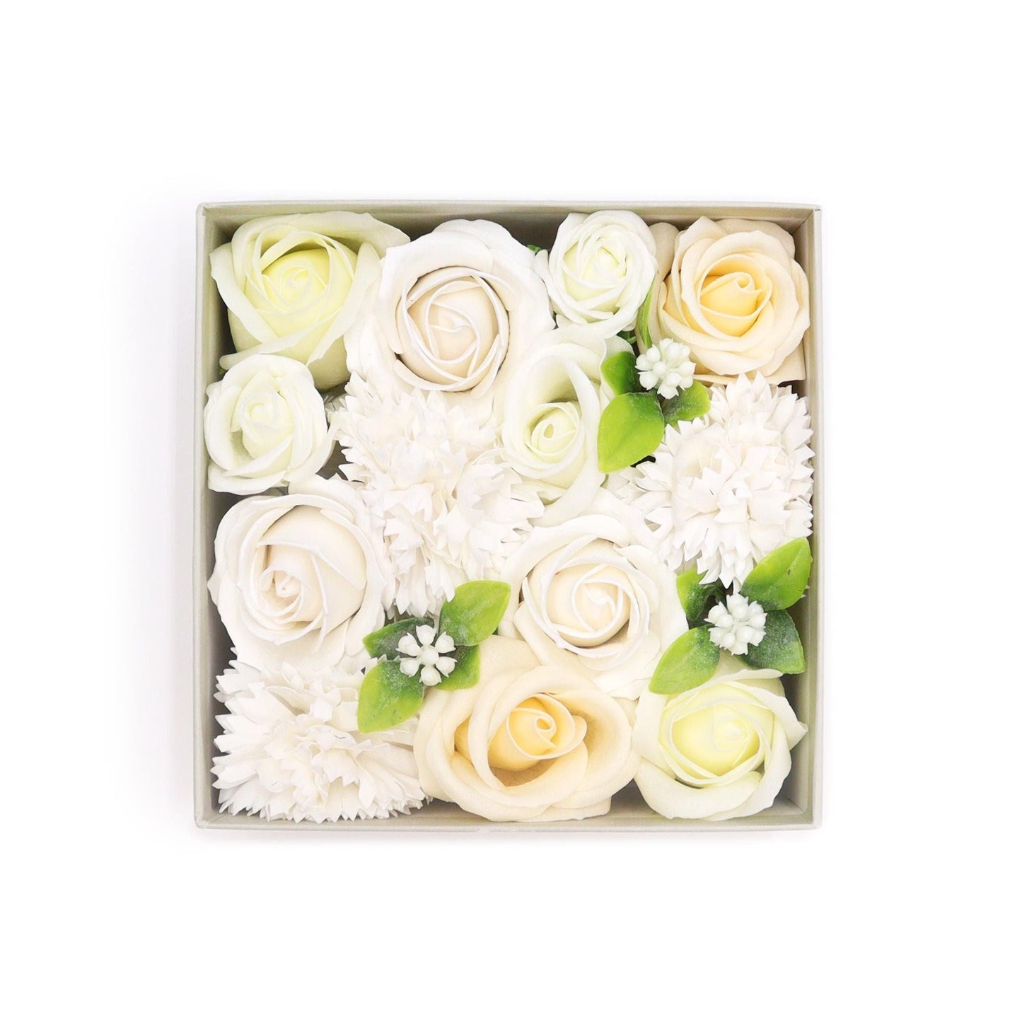 White and Ivory Roses & Carnation Soap Flowers Square Gift Box - Coal Harbour