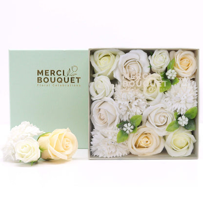 White and Ivory Roses & Carnation Soap Flowers Square Gift Box - Coal Harbour